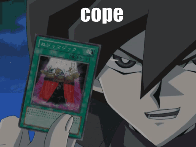 a cartoon character holding a card with the word cope on it