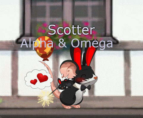 a cartoon of a mouse holding a balloon with the words " scatter alpha & omega " below it