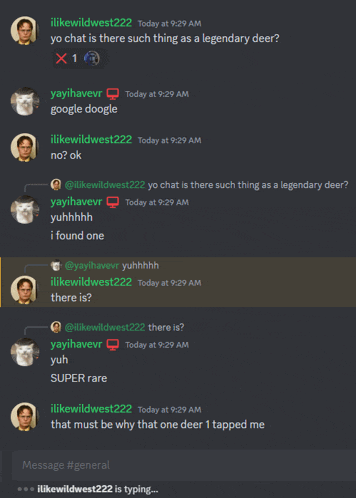 a screenshot of a discord conversation between ilikewildwest222 and yoh chat is there such thing as a legendary deer