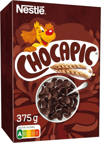 a box of nestle chocapic cereal with a bowl and spoon