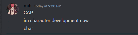 a screenshot of a discord chat that says im character development now