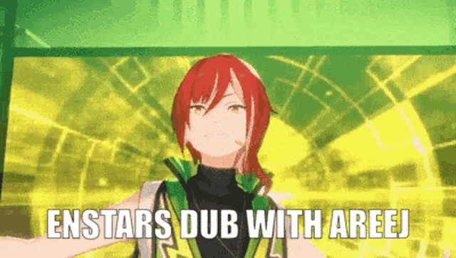 a cartoon girl with red hair is dancing with the words enstars dub with areej