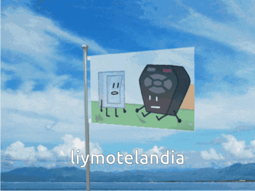 a flag with a picture of a remote control and a light switch and the words liymotelandia below it