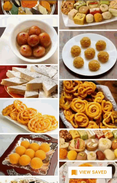 a collage of different types of indian desserts with a view saved button