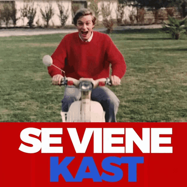 a man in a red sweater is riding a scooter with the words se viene kast written below him