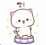 a cartoon cat is standing on top of a purple bowl with a smile on its face .