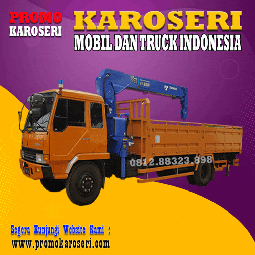 an orange truck with a blue crane on top of it is advertising karoseri mobil dan truck indonesia