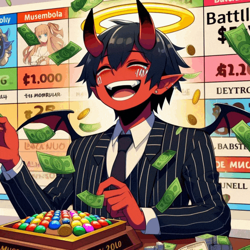 a cartoon of a devil surrounded by money with a sign that says $ 1,000