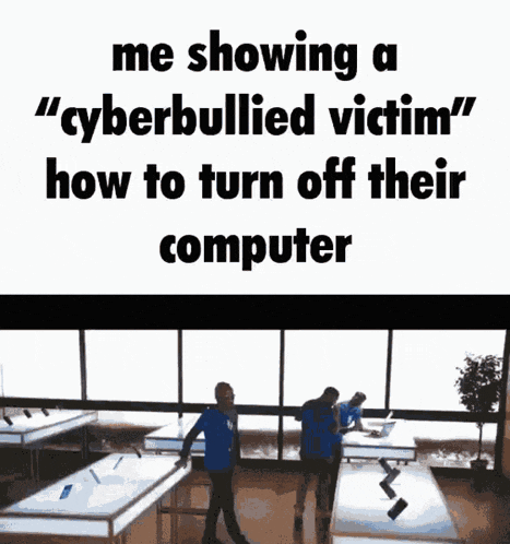 a meme that says me showing a cyberbully victim how to turn off their computer