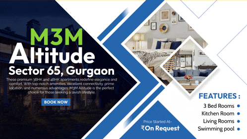 an advertisement for m3m altitude sector 65 gurgaon features 3 bed rooms kitchen room living rooms swimming pool