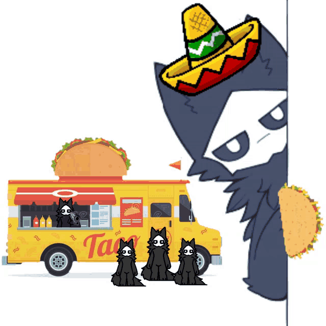 a cartoon drawing of a taco truck with a mexican hat on