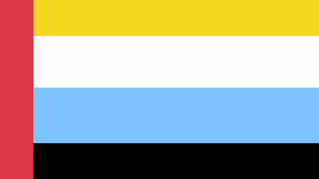 a flag with yellow , white , blue and black stripes