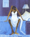 a painting of a woman sitting on a bed