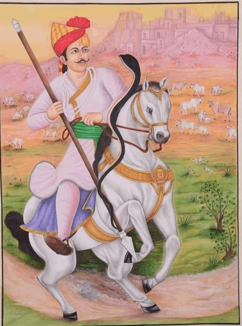 a painting of a man riding a horse with a spear in his hand