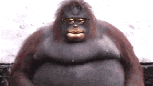 a very fat orangutan wearing glasses is sitting down .