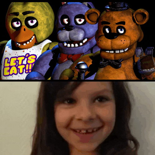 a girl is smiling in front of five nights at freddy 's