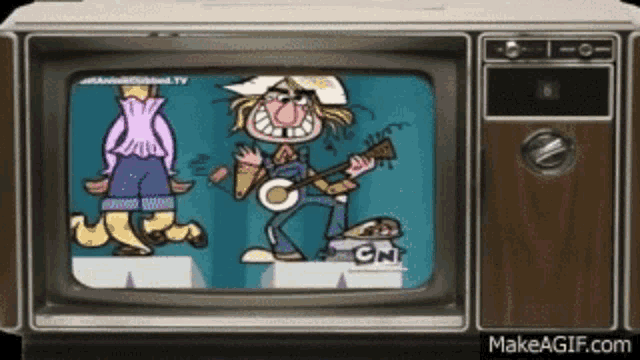 a cartoon of a man playing a guitar is on a tv screen