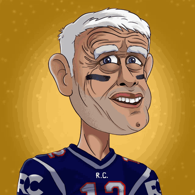 a caricature of a man wearing a patriots jersey with the number 12 on it