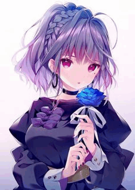 a girl with purple hair and red eyes is holding a blue rose in her hand .