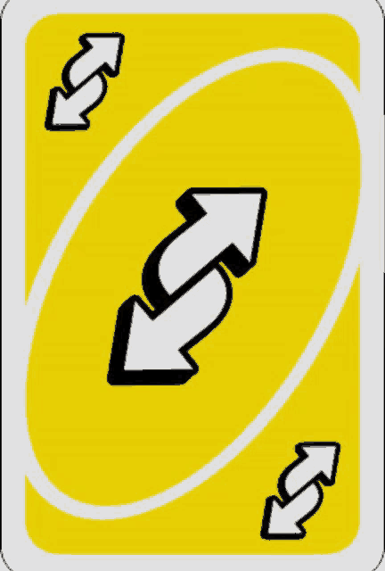 the back of a yellow uno card with two arrows pointing in opposite directions