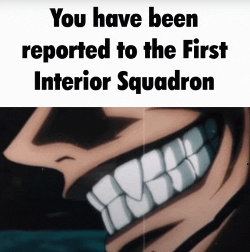 a picture of a smiling face with the words " you have been reported to the first interior squadron " below it