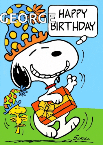 a cartoon of snoopy wearing a party hat and holding a gift says happy birthday