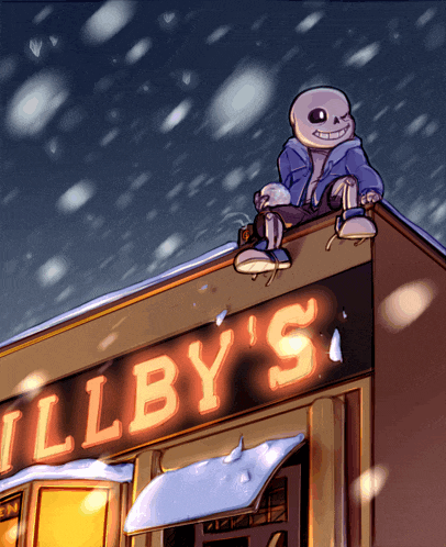 a drawing of a skeleton sitting on top of a hillby 's store