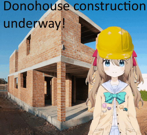 a girl wearing a yellow hard hat stands in front of a brick building under construction