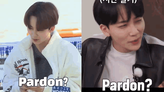 a man wearing a jacket that says pardon next to another man