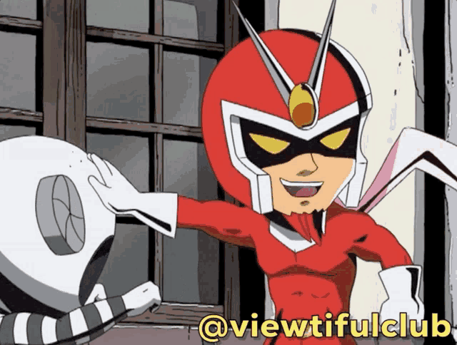 a cartoon of a man in a red superhero costume with the hashtag viewtifulclub below him