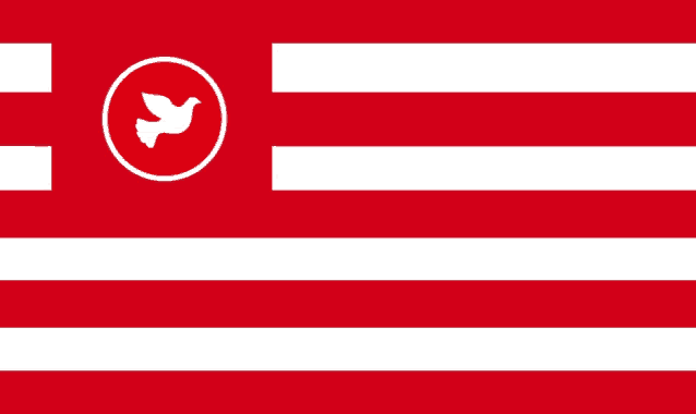 a red and white flag with a white dove in the middle