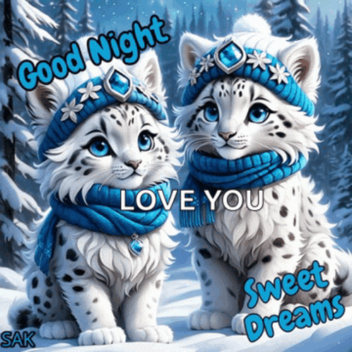 two snow leopard kittens wearing blue scarves and hats with the words good night love you sweet dreams below them