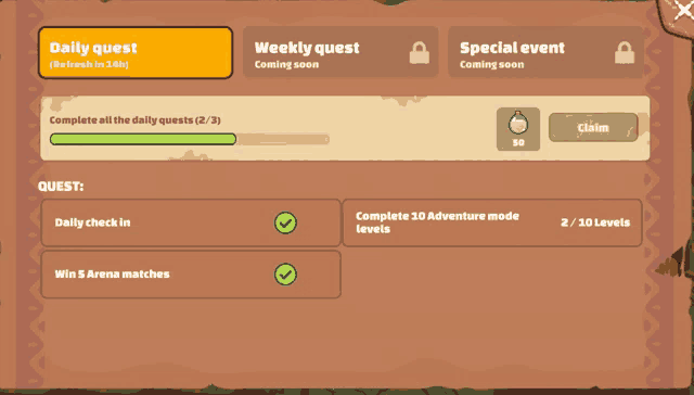 a screenshot of a game that says daily quest weekly quest and special event