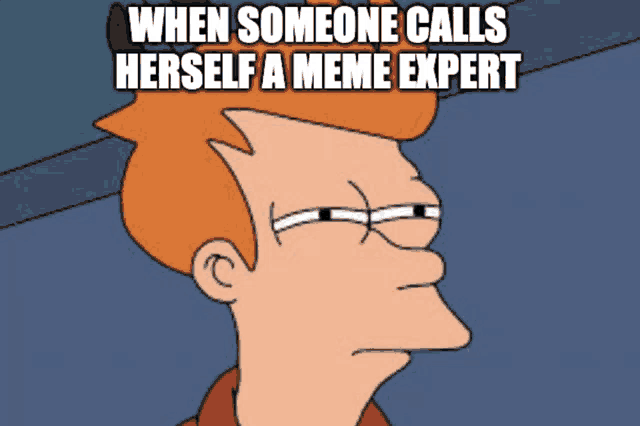 a cartoon of a man with a caption that says when someone calls herself a meme expert