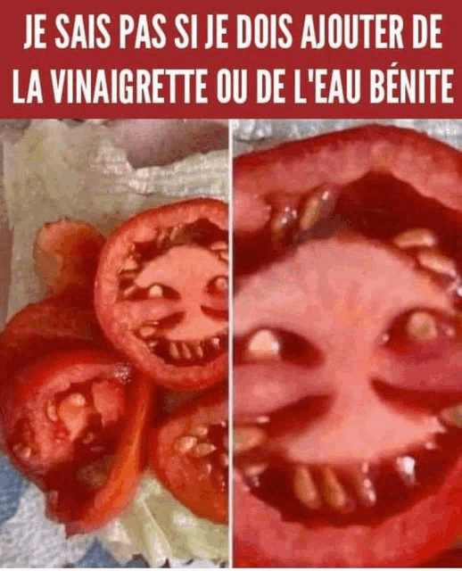 a picture of a tomato cut in half with a caption in french