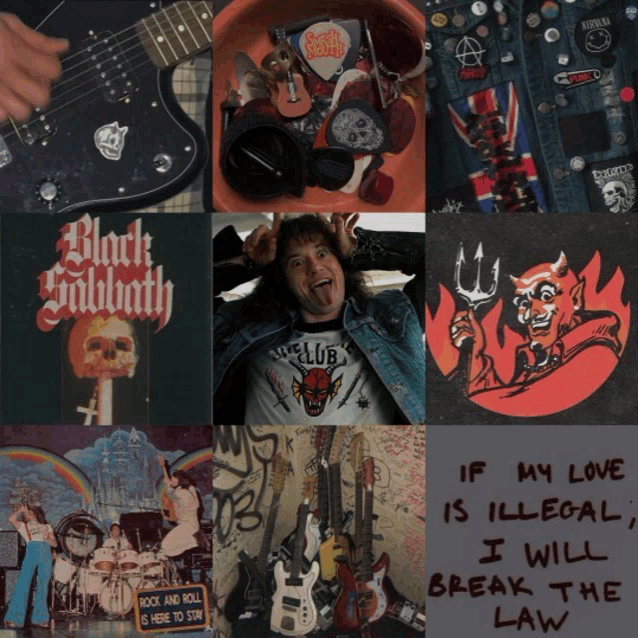 a collage of images includes a black sabbath t-shirt