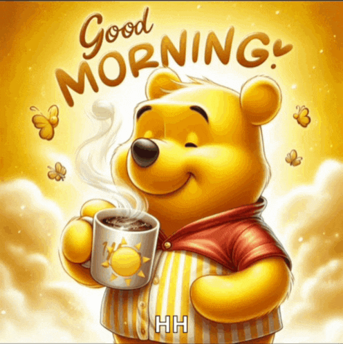 a picture of winnie the pooh holding a cup of coffee