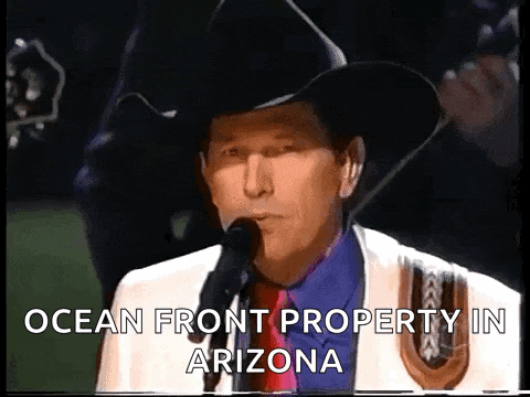 a man in a cowboy hat sings into a microphone with the words ocean front property in arizona below him