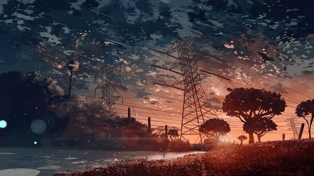 a painting of a sunset with power lines in the foreground and trees in the background