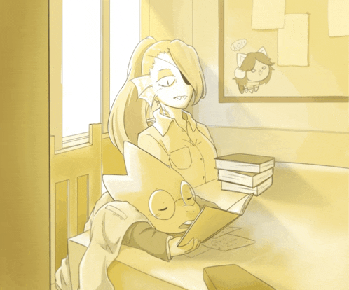 a cartoon drawing of a woman reading a book with a cat behind her