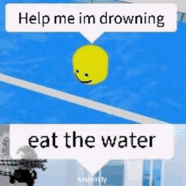 a yellow smiley face is floating in the water next to a white speech bubble .