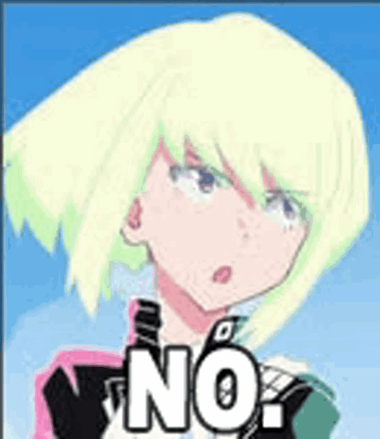 a cartoon girl with blonde hair is holding a gun and saying no .