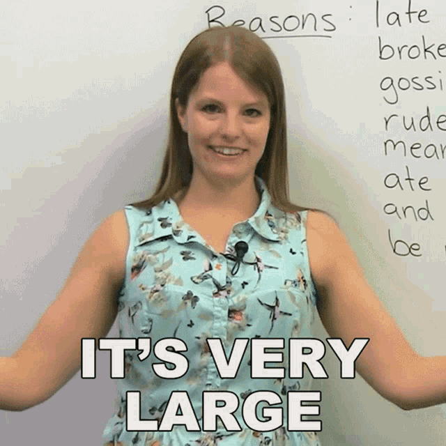 a woman stands in front of a white board with the words " it 's very large " on it