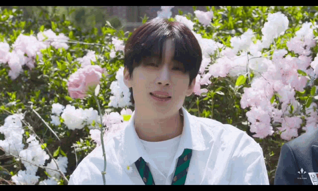 a young man in a white shirt and green tie is standing in front of a bush of pink and white flowers .