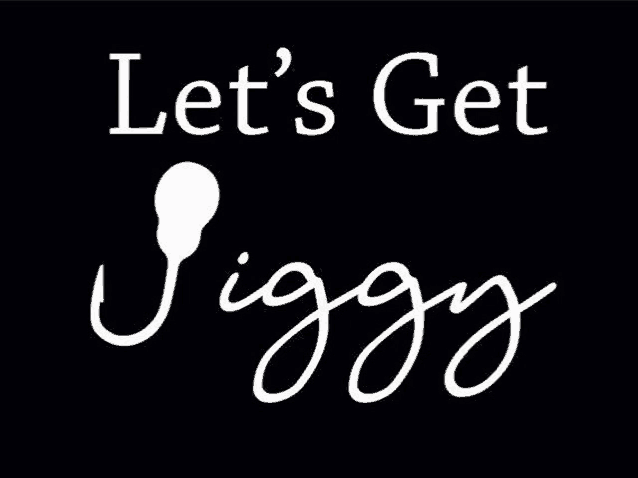 a black background with the words `` let 's get jiggy '' and a white spoon .