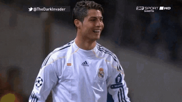 a man in a white adidas shirt is smiling in a sky sport hd advertisement