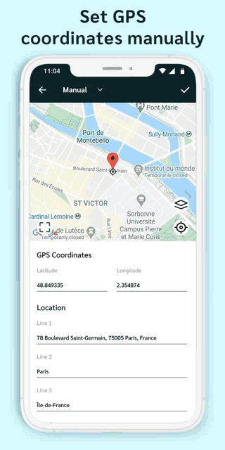 a phone screen that says set gps manually on it