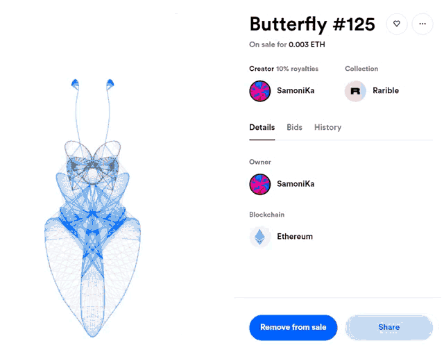 a screen showing a butterfly # 139 on sale for 0.003 eth