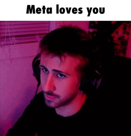 a man wearing headphones with the words meta loves you below him