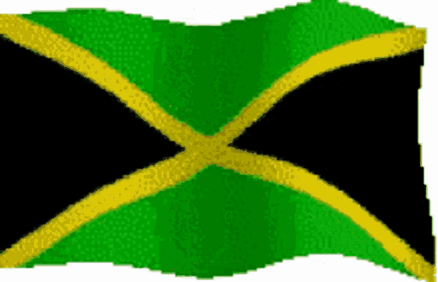 a green and yellow jamaican flag is waving in the wind on a white background